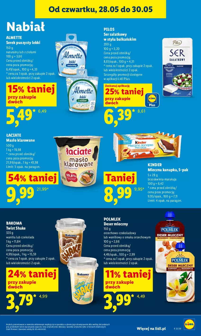 Gazetka promocyjna Lidl - Gazetka ważna od 28.05 do 30.05 - ważna 28.05 do 30.05.2026 - strona 49 - produkty: Almette, Bakoma, Czekolada, Deser, Deser mleczny, Kinder, Masło, Masło klarowane, Mleczna kanapka, Pilos, POLMLEK, Sałat, Ser, Serek, Serek puszysty