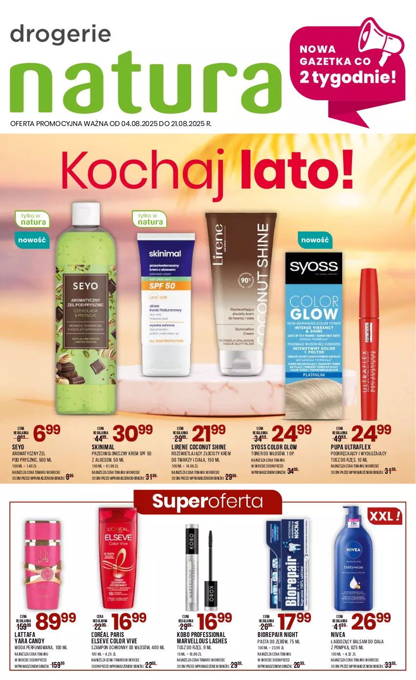 Gazetka promocyjna Drogerie Natura - Gazetka Drogerie Natura - ważna 04.08 do 21.08.2025 - strona 1 - produkty: Balsam do ciała, Biorepair, Candy, Elseve, Fa, KOBO, Koc, Krem do twarzy, Lirene, Nivea, Pasta do zębów, Perfum, Pupa, Syoss, Szampon, Tusz, Woda, Woda perfumowana
