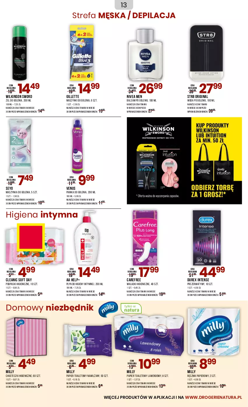 Gazetka promocyjna Drogerie Natura - Gazetka Drogerie Natura - ważna 04.08 do 21.08.2025 - strona 13 - produkty: Balsam po goleniu, Carefree, Chusteczki, Cleanic, Durex, Fa, Gillette, Gin, Maszynka, Maszynka do golenia, Nivea, Nivea Men, Papier, Papier toaletowy, Pianka do golenia, Płyn do higieny intymnej, Podpaski, Prezerwatyw, Ręcznik, Str8, Szynka, Venus, Wilkinson Sword, Wkładki, Woda, Woda po goleniu