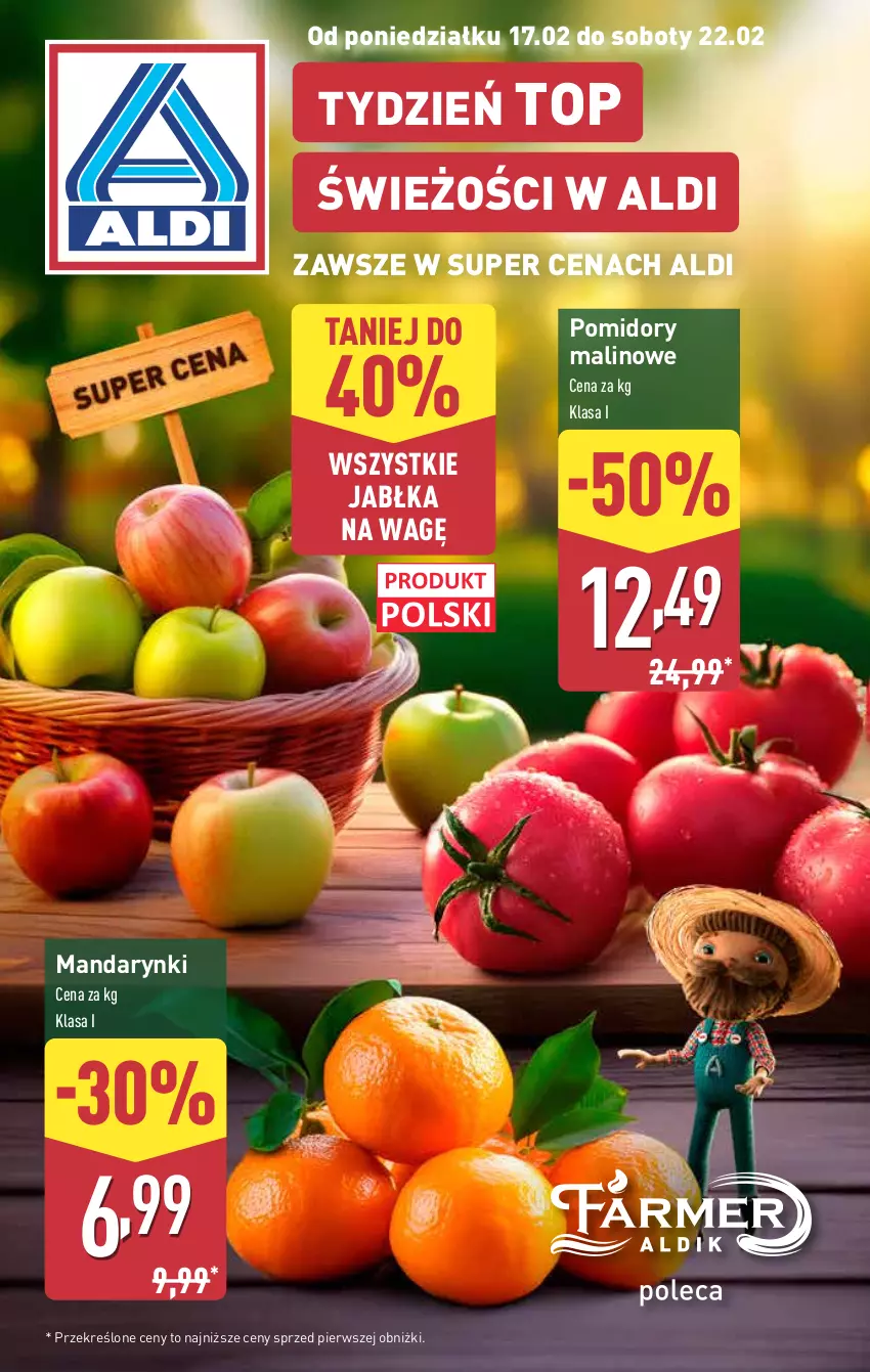 Gazetka promocyjna Aldi - Farmer ALDIK poleca świeże owoce i warzywa - ważna 17.02 do 22.02.2025 - strona 1 - produkty: Jabłka, Mandarynki, Pomidory, Top