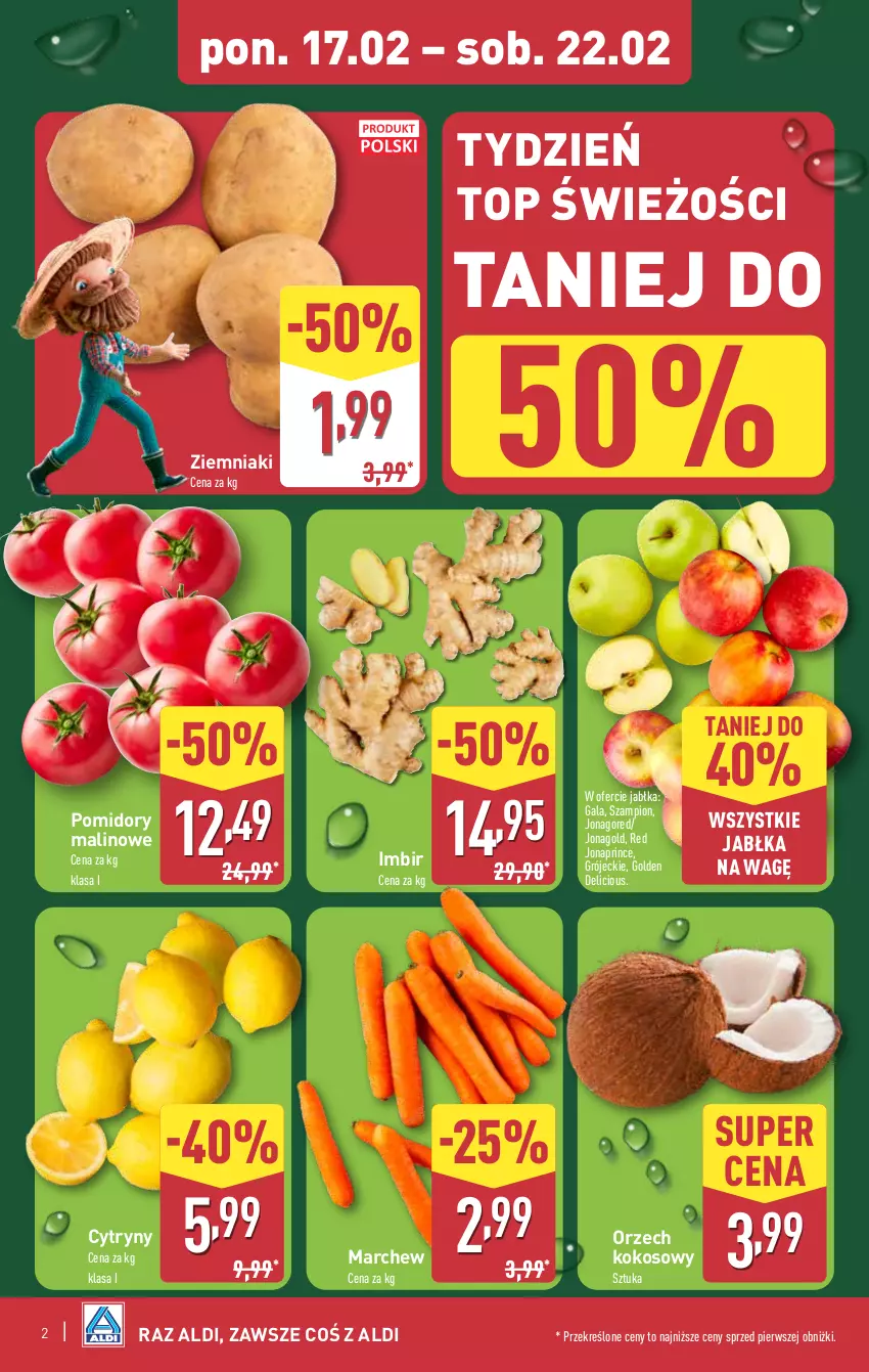 Gazetka promocyjna Aldi - Farmer ALDIK poleca świeże owoce i warzywa - ważna 17.02 do 22.02.2025 - strona 2 - produkty: Cytryny, Gala, Imbir, Jabłka, Jonagold, Kokos, Pomidory, Szampion, Top, Ziemniaki