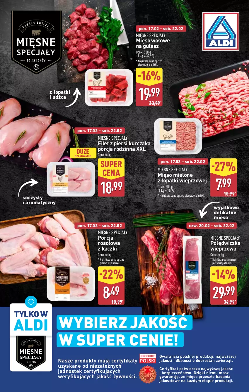 Gazetka promocyjna Aldi - Farmer ALDIK poleca świeże owoce i warzywa - ważna 17.02 do 22.02.2025 - strona 7 - produkty: Filet z piersi kurczaka, Kurczak, Mięsne specjały, Mięso, Mięso mielone, Mięso mielone z łopatki wieprzowej, Mięso wołowe, Piec, Polędwiczka wieprzowa, Por, Stek