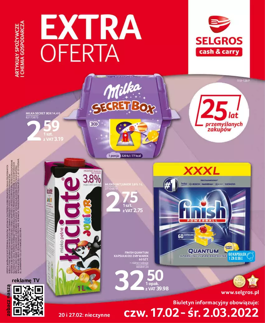 Gazetka promocyjna Selgros - Extra Oferta - ważna 01.02 do 28.02.2022 - strona 1 - produkty: Fa, Finish, LG, Milka, Mleko, Tran