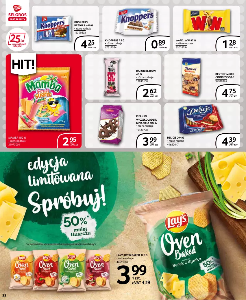 Gazetka promocyjna Selgros - Extra Oferta - ważna 01.02 do 28.02.2022 - strona 22 - produkty: Baton, Delicje, Inka, Knoppers, Lay’s, Mamba, Piernik, Pierniki w czekoladzie