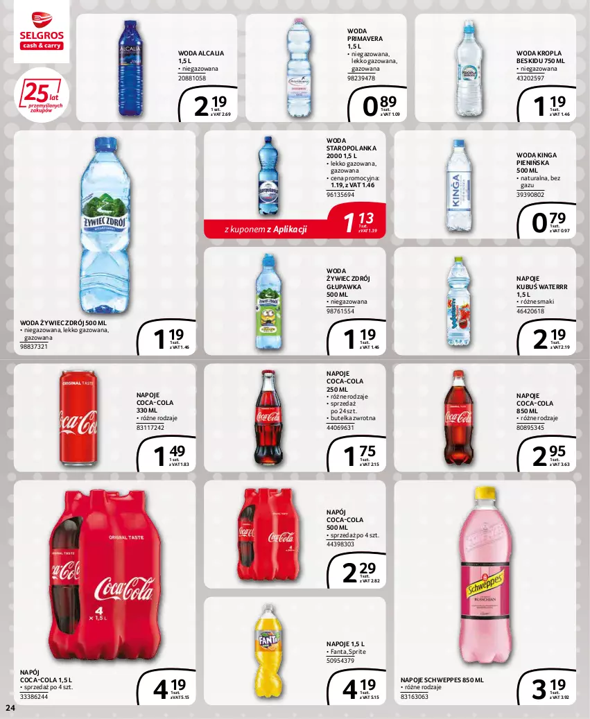 Gazetka promocyjna Selgros - Extra Oferta - ważna 01.02 do 28.02.2022 - strona 24 - produkty: Coca-Cola, Fa, Fanta, Kubuś, Kubuś Waterrr, Napój, Napoje, Prima, Primavera, Schweppes, Sprite, Staropolanka, Woda