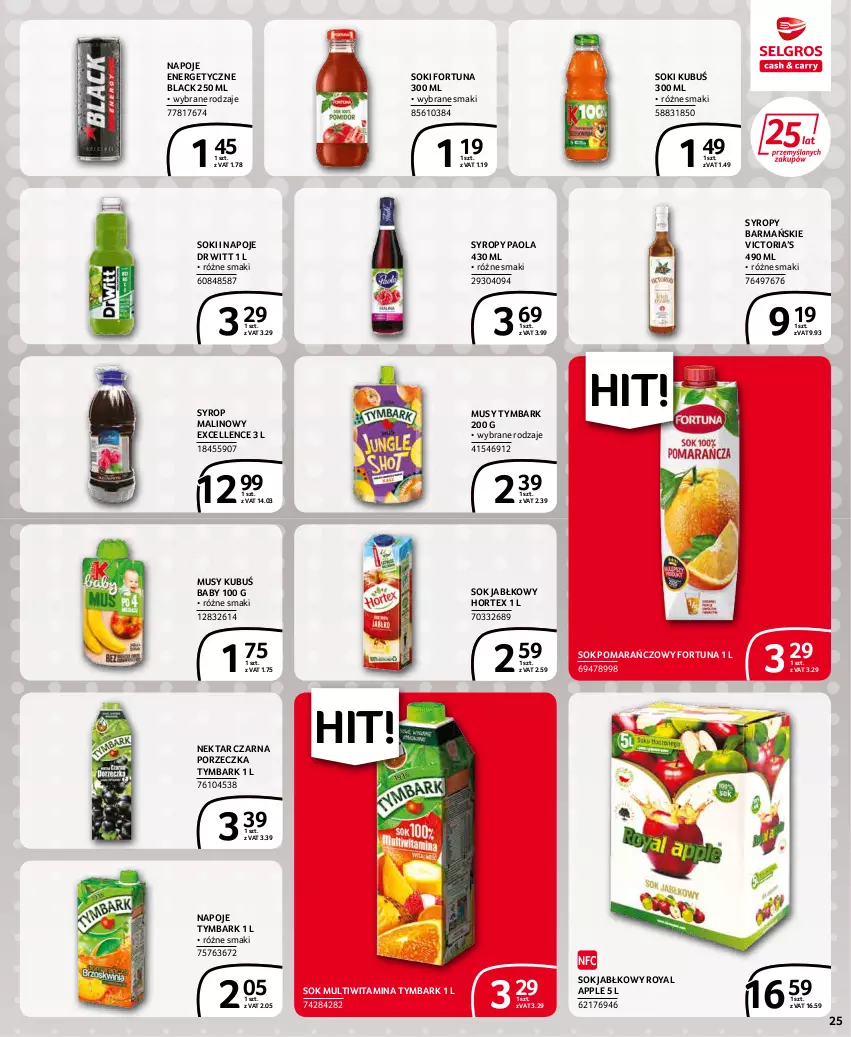 Gazetka promocyjna Selgros - Extra Oferta - ważna 01.02 do 28.02.2022 - strona 25 - produkty: Fortuna, Hortex, Kubuś, Lack, Mus, Napoje, Nektar, Paola, Por, Sok, Sok jabłkowy, Sok pomarańczowy, Syrop, Syropy, Tymbark