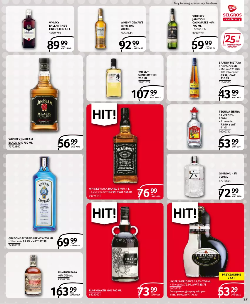 Gazetka promocyjna Selgros - Extra Oferta - ważna 01.02 do 28.02.2022 - strona 27 - produkty: Brandy, Gin, Jameson, Jim Beam, Lack, Likier, Metaxa, Rum, Tequila, Whiskey, Whisky