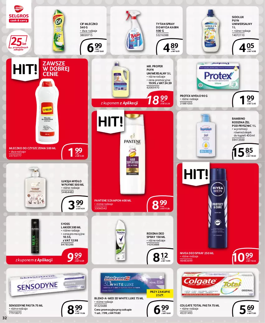 Gazetka promocyjna Selgros - Extra Oferta - ważna 01.02 do 28.02.2022 - strona 32 - produkty: Blend-a-Med, Cif, Colgate, Colgate Total, Lakier, LG, Luksja, Mleczko, Mr. Proper, Mydło, Mydło w płynie, Nivea, Olej, Pantene, Rexona, Sensodyne, Sidolux, Syoss, Szampon, Tytan