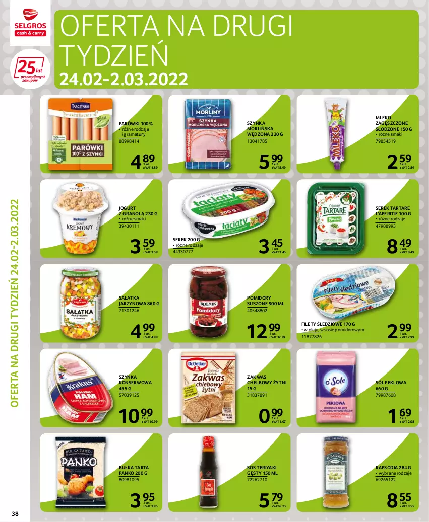 Gazetka promocyjna Selgros - Extra Oferta - ważna 01.02 do 28.02.2022 - strona 40 - produkty: Bułka, Bułka tarta, Gra, Jogurt, Mleko, Mleko zagęszczone, Olej, Parówki, Pomidory, Rama, Sałat, Sałatka, Ser, Serek, Sól, Sos, Szynka, Szynka konserwowa, Tarta, Tartare