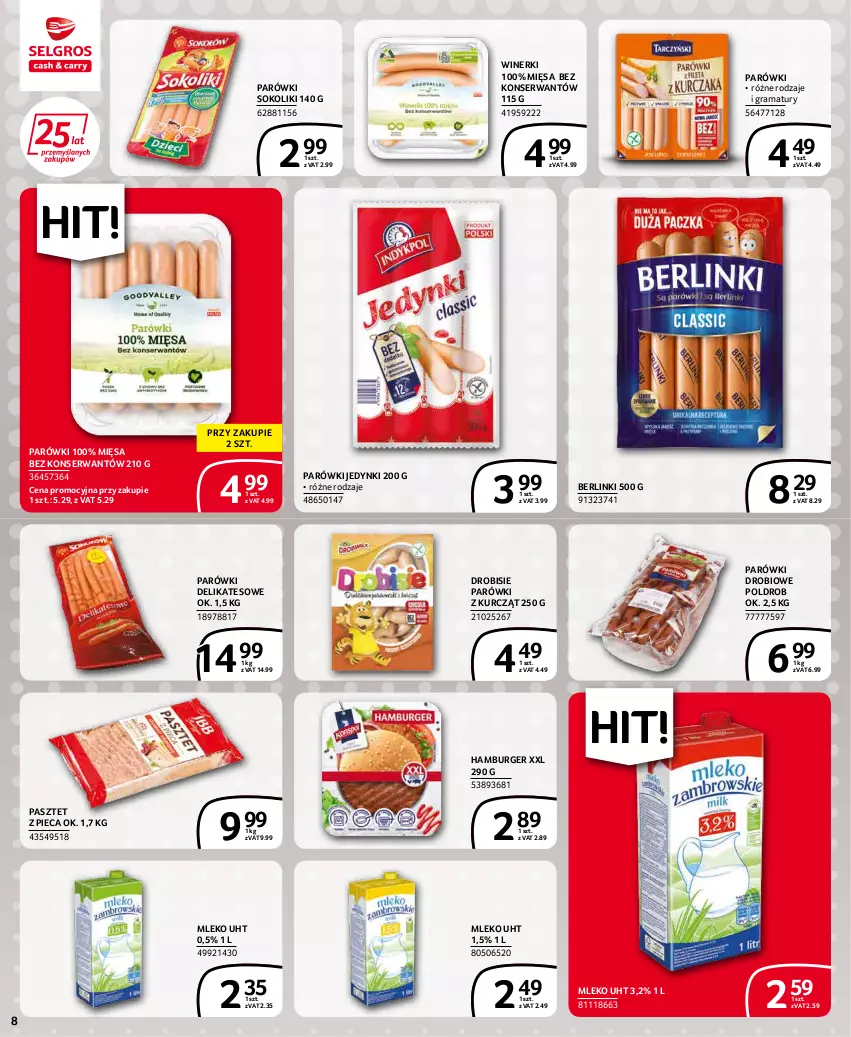 Gazetka promocyjna Selgros - Extra Oferta - ważna 01.02 do 28.02.2022 - strona 8 - produkty: Berlinki, Burger, Gra, Hamburger, Mleko, Parówki, Parówki sokoliki, Pasztet, Piec, Rama, Ser, Sok