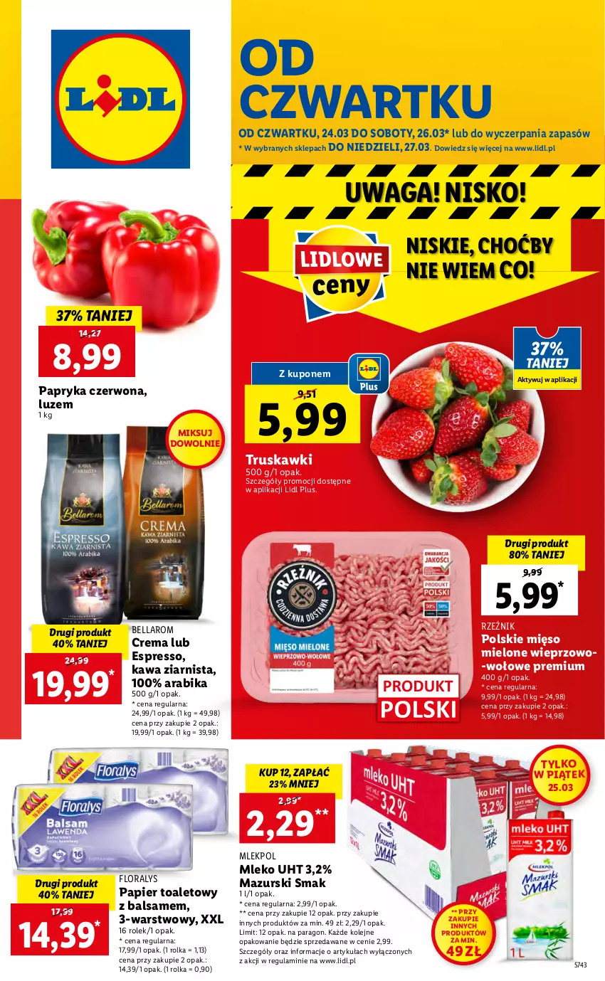 Gazetka promocyjna Lidl - GAZETKA - ważna 24.03 do 27.03.2022 - strona 1 - produkty: Bell, Bella, Flora, Kawa, Kawa ziarnista, Mięso, Mięso mielone, Mleko, Olej, Papier, Papier toaletowy, Papryka, Papryka czerwona, Truskawki, Waga