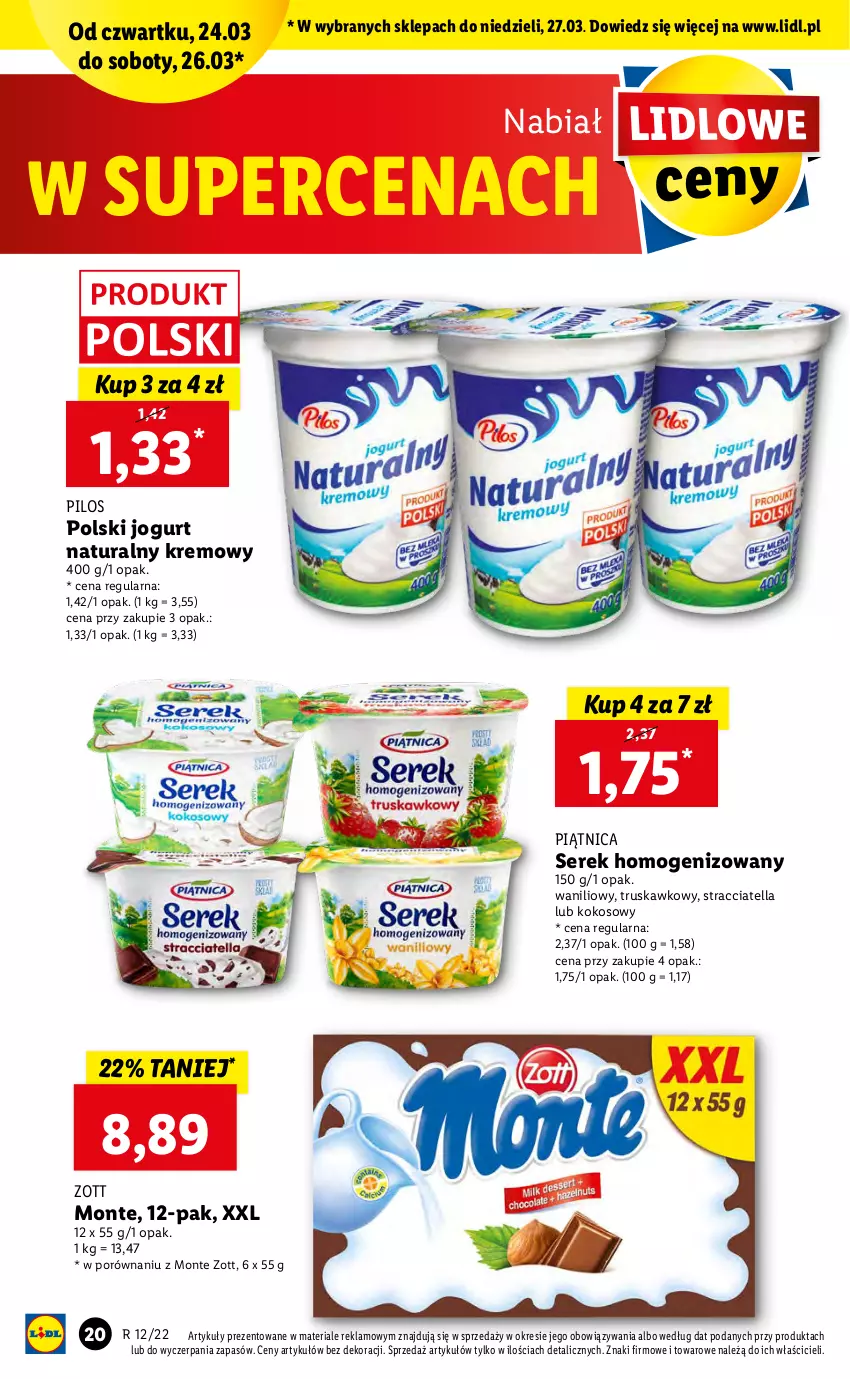 Gazetka promocyjna Lidl - GAZETKA - ważna 24.03 do 27.03.2022 - strona 20 - produkty: Jogurt, Jogurt naturalny, Kokos, Monte, Piątnica, Pilos, Por, Ser, Serek, Serek homogenizowany, Zott