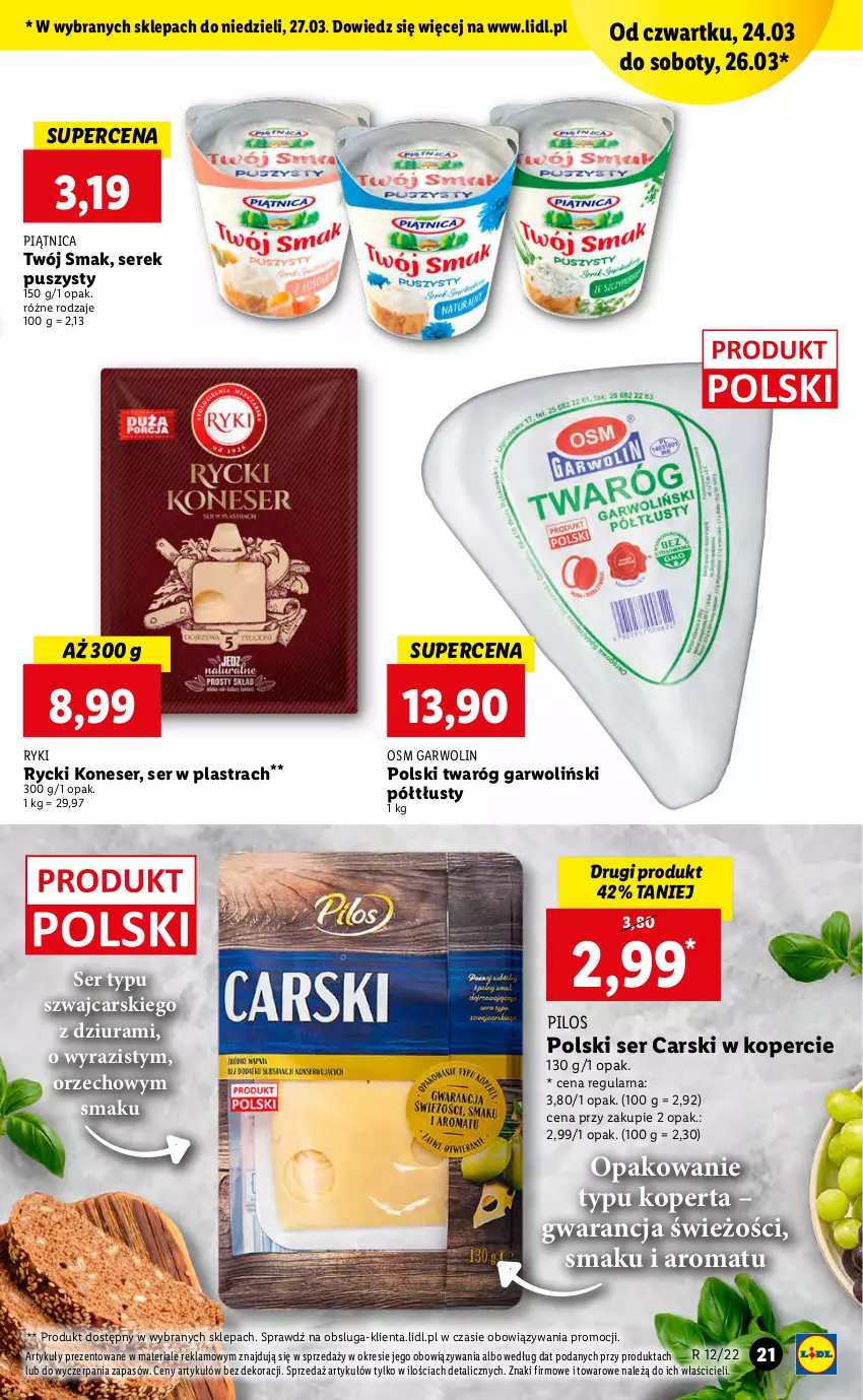 Gazetka promocyjna Lidl - GAZETKA - ważna 24.03 do 27.03.2022 - strona 21 - produkty: Cars, Piątnica, Pilos, Ser, Serek, Serek puszysty, Twaróg, Twój Smak