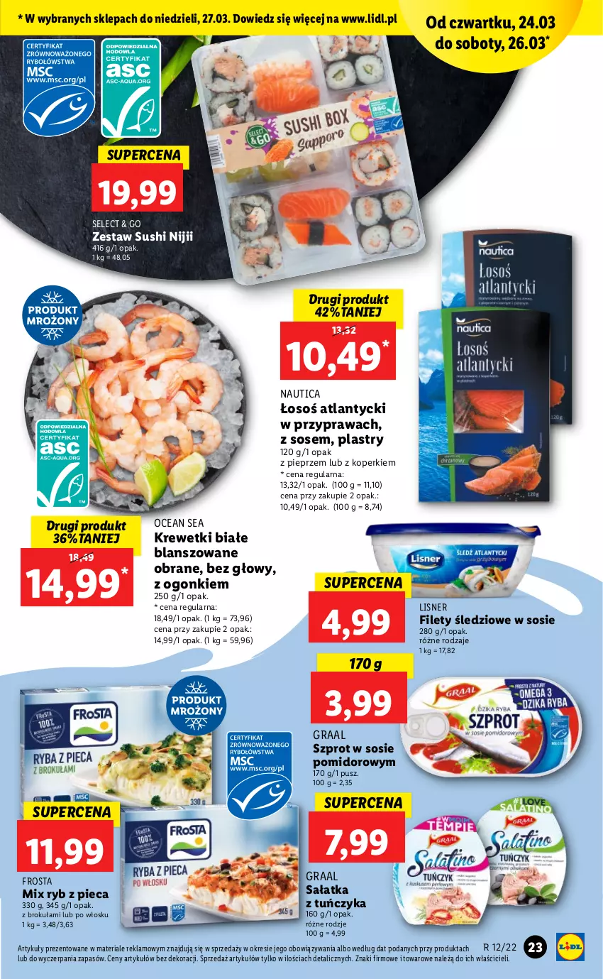 Gazetka promocyjna Lidl - GAZETKA - ważna 24.03 do 27.03.2022 - strona 23 - produkty: Frosta, Gra, Graal, Krewetki, Lisner, Piec, Pieprz, Sałat, Sałatka, Sos, Sushi, Szprot, Szprot w sosie, Tuńczyk