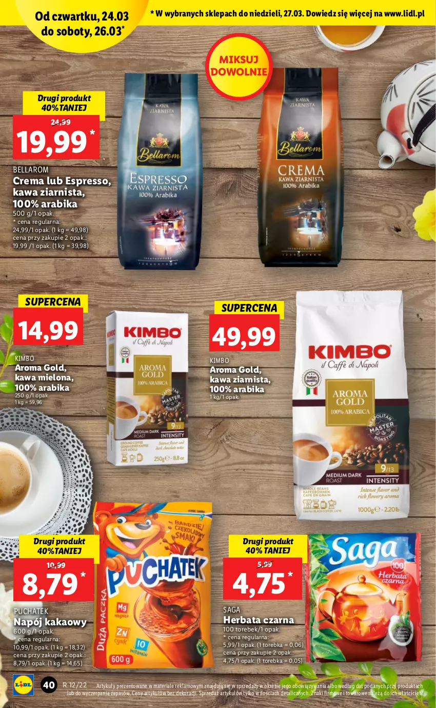 Gazetka promocyjna Lidl - GAZETKA - ważna 24.03 do 27.03.2022 - strona 40 - produkty: Bell, Bella, Herbata, Herbata czarna, Kakao, Kawa, Kawa mielona, Kawa ziarnista, Napój, Saga, Torebka