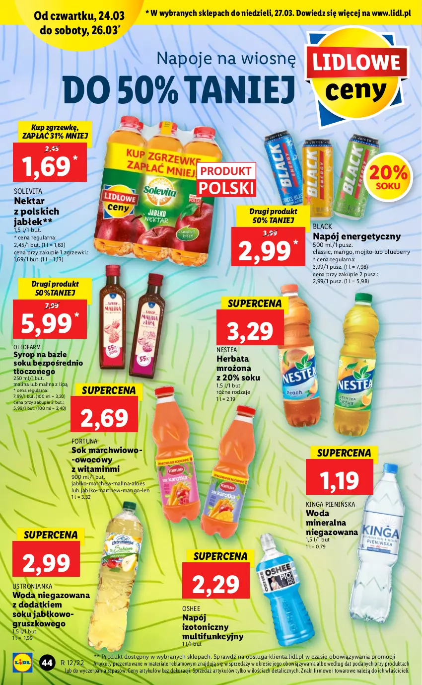 Gazetka promocyjna Lidl - GAZETKA - ważna 24.03 do 27.03.2022 - strona 44 - produkty: Fa, Fortuna, Herbata, Lack, Mango, Napój, Napój energetyczny, Napój izotoniczny, Napoje, Nektar, Nestea, Oleo, Oleofarm, Oshee, Sok, Syrop, Woda, Woda mineralna, Woda niegazowana