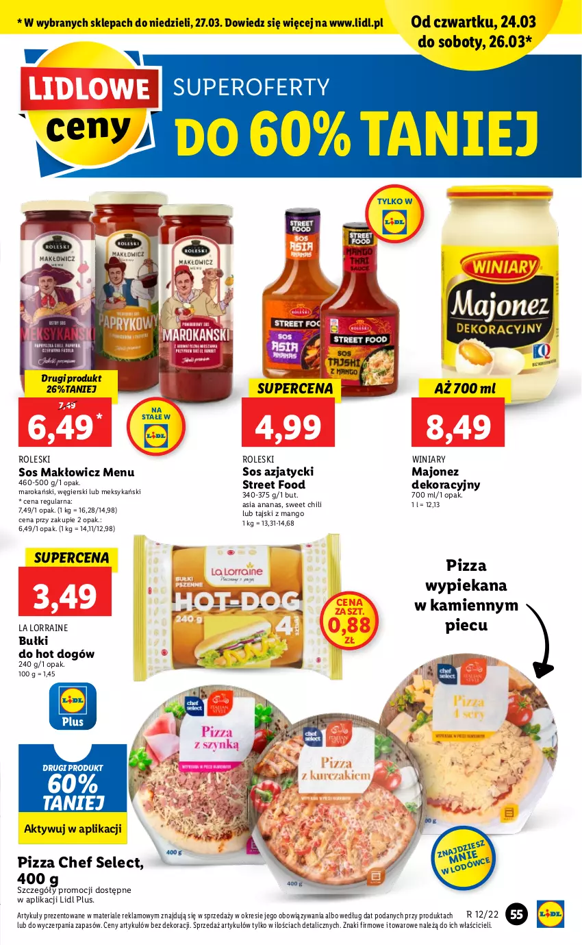 Gazetka promocyjna Lidl - GAZETKA - ważna 24.03 do 27.03.2022 - strona 55 - produkty: Ananas, Bułki do hot dogów, Hot dog, Majonez, Mango, Piec, Pizza, Sos, Winiary