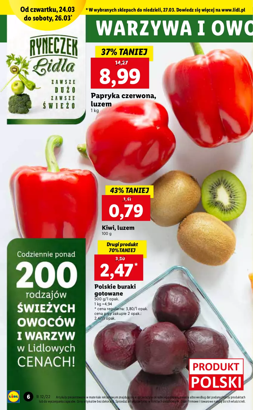 Gazetka promocyjna Lidl - GAZETKA - ważna 24.03 do 27.03.2022 - strona 6 - produkty: Buraki, Kiwi, Papryka, Papryka czerwona, Warzywa