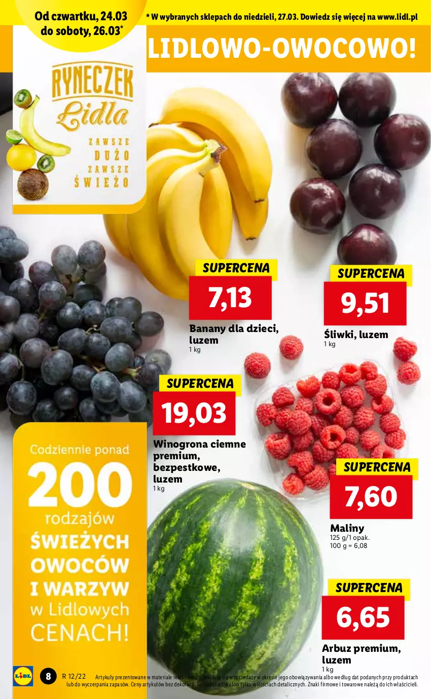 Gazetka promocyjna Lidl - GAZETKA - ważna 24.03 do 27.03.2022 - strona 8 - produkty: Arbuz, Banany, Dzieci, Maliny, Wino, Winogrona