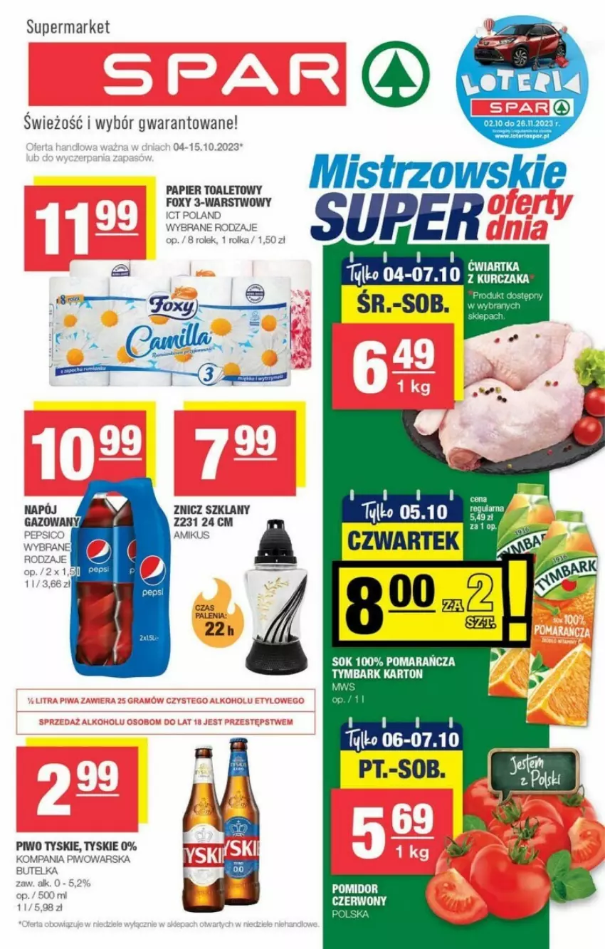 Gazetka promocyjna Delikatesy Centrum - ważna 04.10 do 15.10.2023 - strona 1 - produkty: Fa, Foxy, Napój, Papier, Papier toaletowy, Pepsi, Piwo, Sok, Tymbark, Tyskie, Znicz