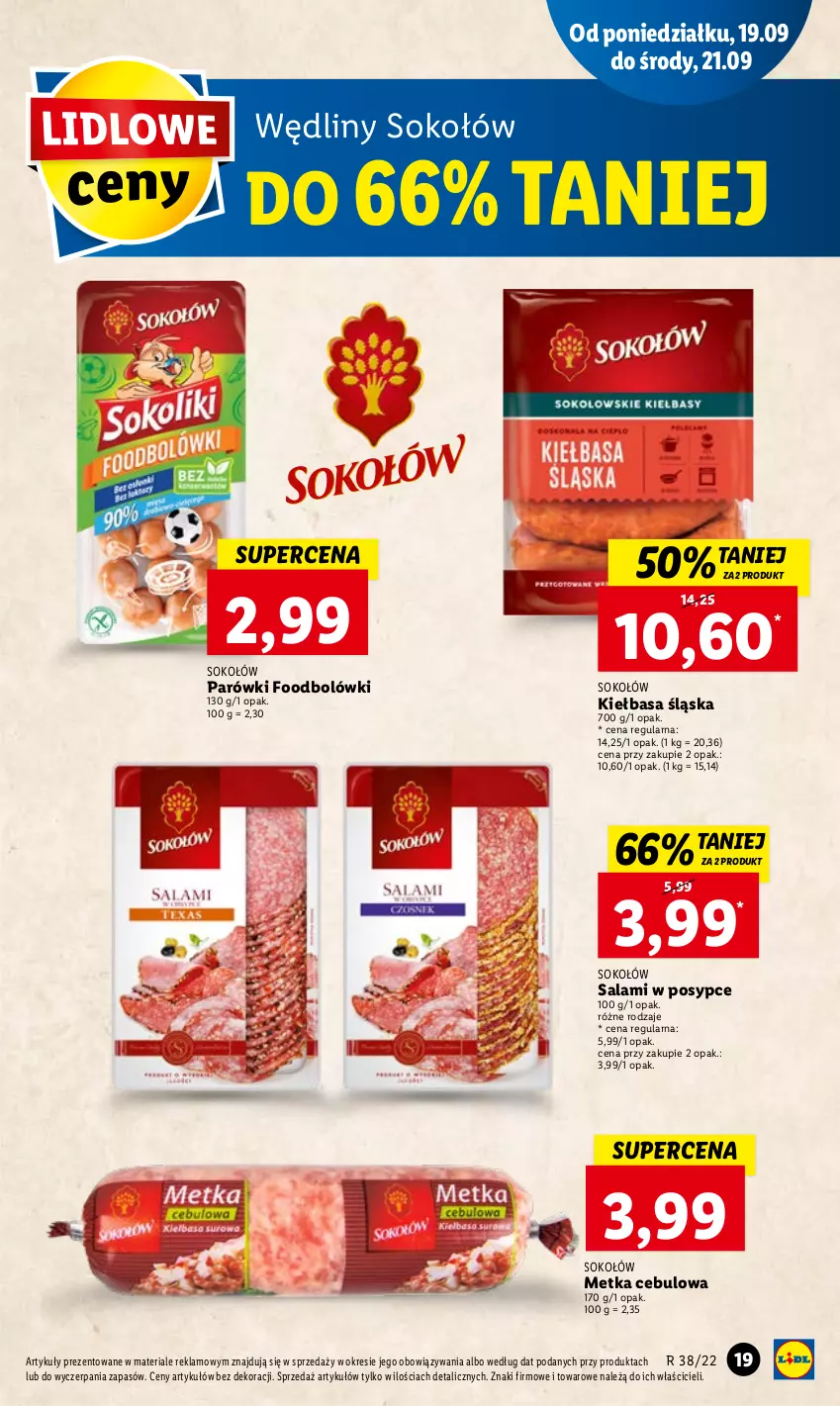 Gazetka promocyjna Lidl - GAZETKA - ważna 19.09 do 21.09.2022 - strona 21 - produkty: Kiełbasa, Kiełbasa śląska, Parówki, Salami, Sok, Sokołów