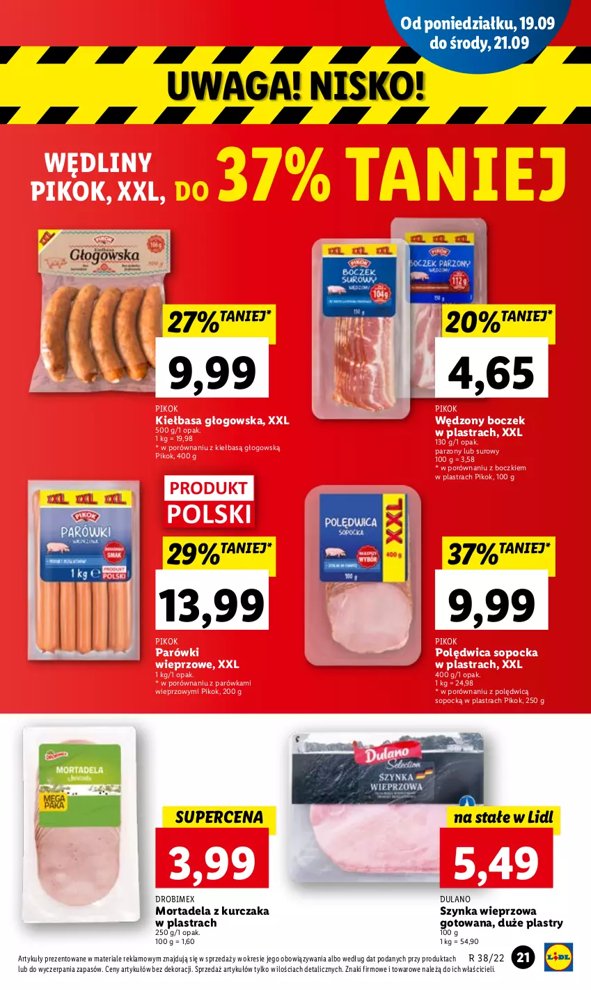 Gazetka promocyjna Lidl - GAZETKA - ważna 19.09 do 21.09.2022 - strona 23 - produkty: Boczek, Drobimex, Dulano, Kiełbasa, Kiełbasa głogowska, Kurczak, Parówki, PIKOK, Polędwica, Por, Szynka, Szynka wieprzowa, Waga