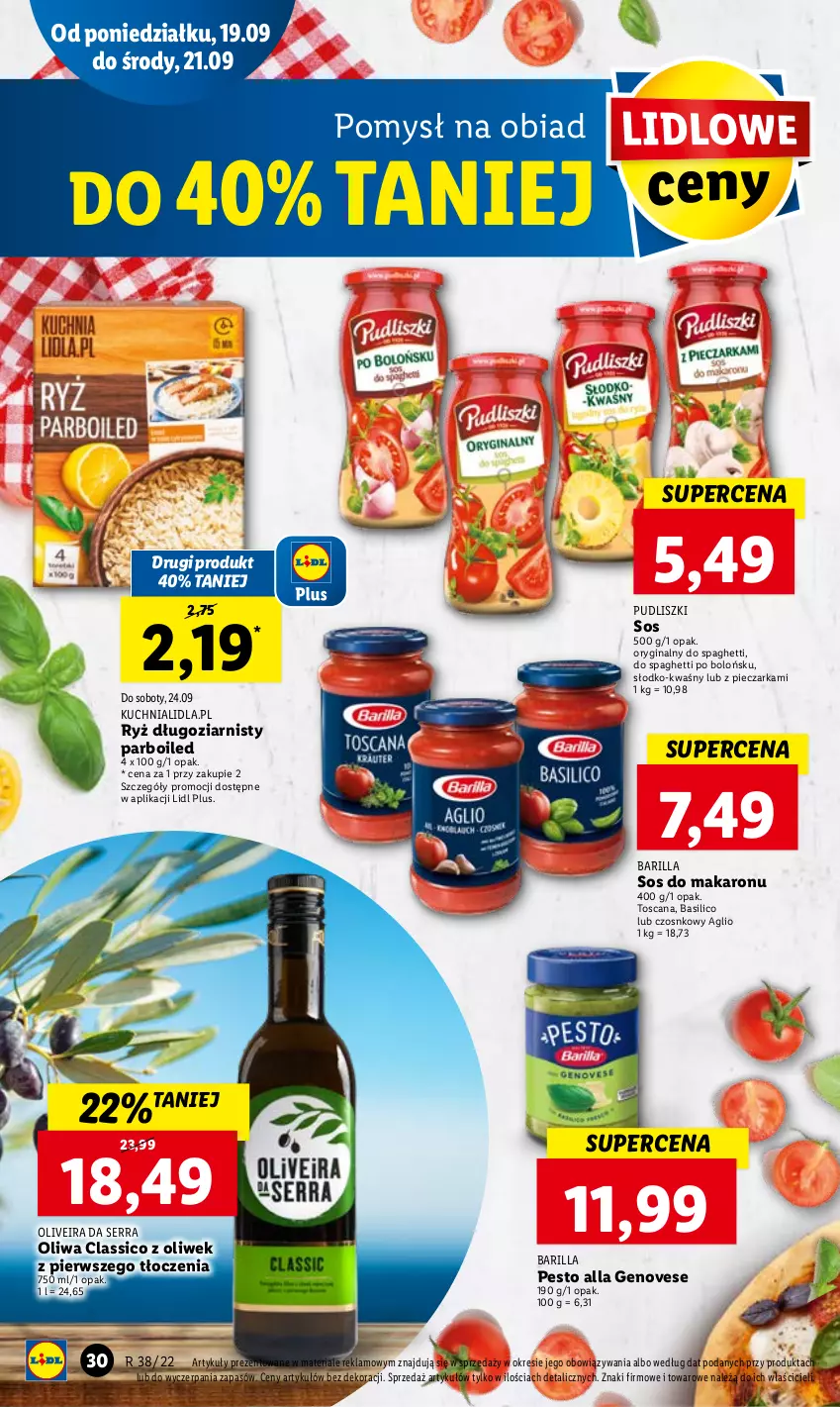 Gazetka promocyjna Lidl - GAZETKA - ważna 19.09 do 21.09.2022 - strona 32 - produkty: Barilla, Gin, Kuchnia, Makaron, Pesto, Piec, Pieczarka, Pudliszki, Ryż, Ser, Sos, Sos do makaronu, Spaghetti