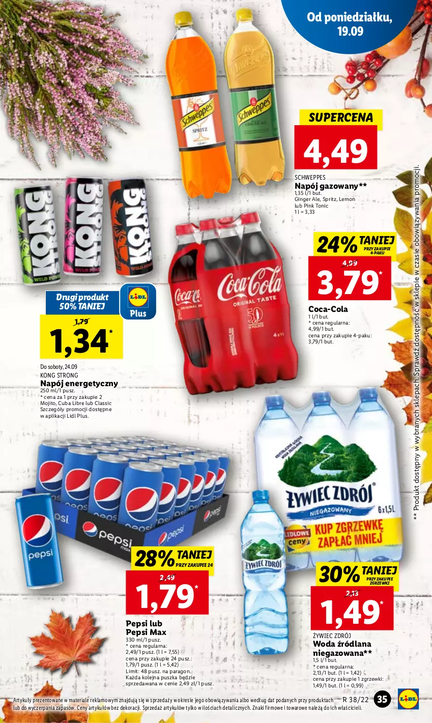 Gazetka promocyjna Lidl - GAZETKA - ważna 19.09 do 21.09.2022 - strona 37 - produkty: Coca-Cola, Gin, LANA, Napój, Napój energetyczny, Napój gazowany, Olej, Pepsi, Pepsi max, Schweppes, Woda, Woda niegazowana