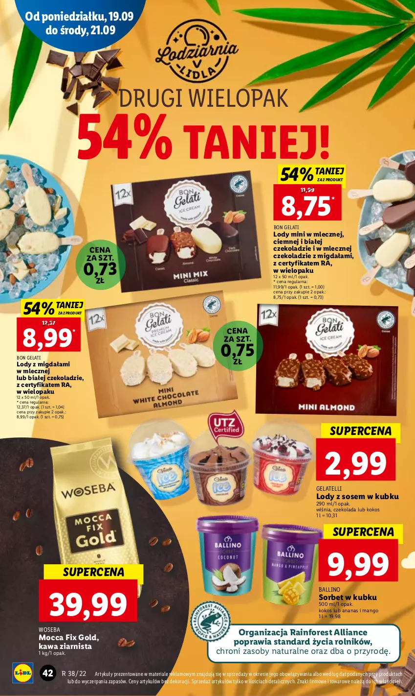 Gazetka promocyjna Lidl - GAZETKA - ważna 19.09 do 21.09.2022 - strona 44 - produkty: Ananas, Czekolada, Kawa, Kawa ziarnista, Kokos, Lody, Mango, Mocca Fix Gold, Rolnik, Sos, Woseba