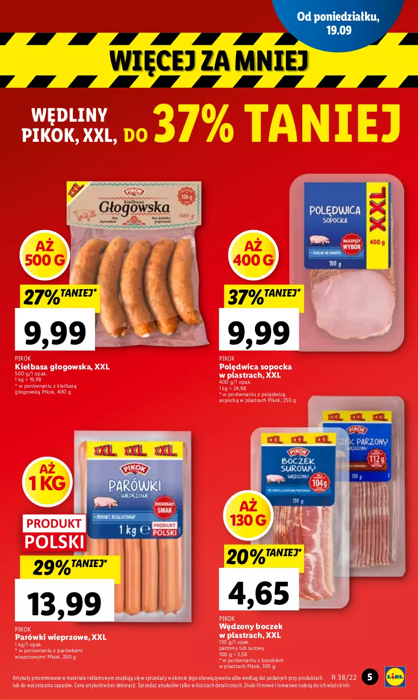 Gazetka promocyjna Lidl - GAZETKA - ważna 19.09 do 21.09.2022 - strona 5 - produkty: Boczek, Kiełbasa, Kiełbasa głogowska, Parówki, PIKOK, Polędwica, Por