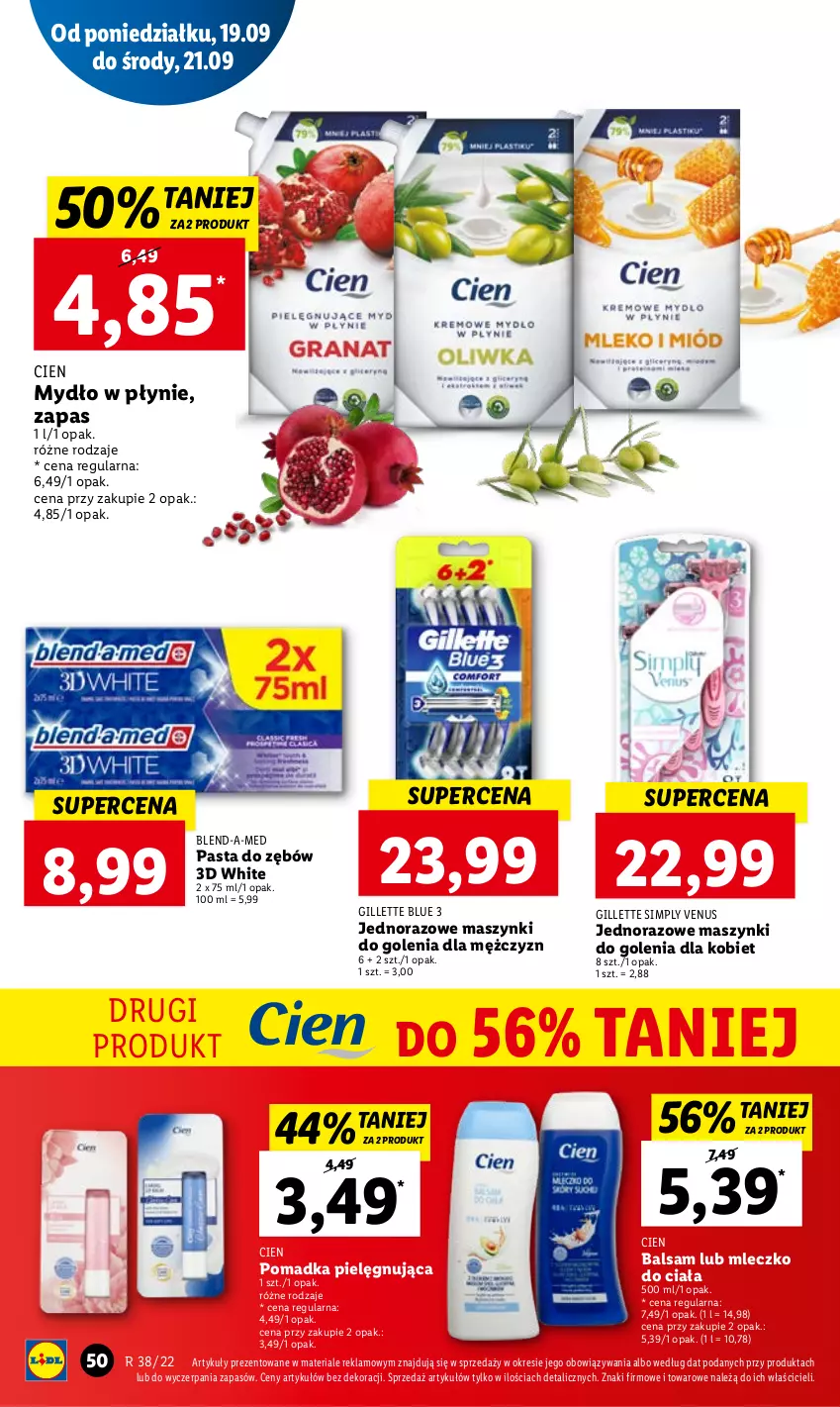 Gazetka promocyjna Lidl - GAZETKA - ważna 19.09 do 21.09.2022 - strona 52 - produkty: Blend-a-Med, Gillette, Mleczko, Mleczko do ciała, Mydło, Mydło w płynie, Pasta do zębów, Venus