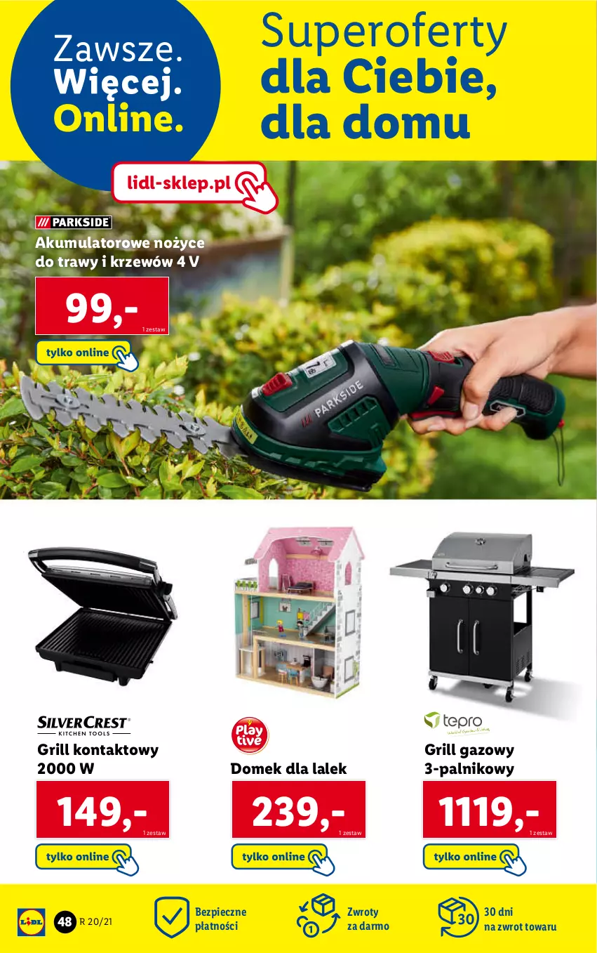 Gazetka promocyjna Lidl - GAZETKA - ważna 17.05 do 22.05.2021 - strona 48 - produkty: Akumulator, Domek dla lalek, Grill, Grill gazowy, Grill kontaktowy, Noż, Nożyce, Piec