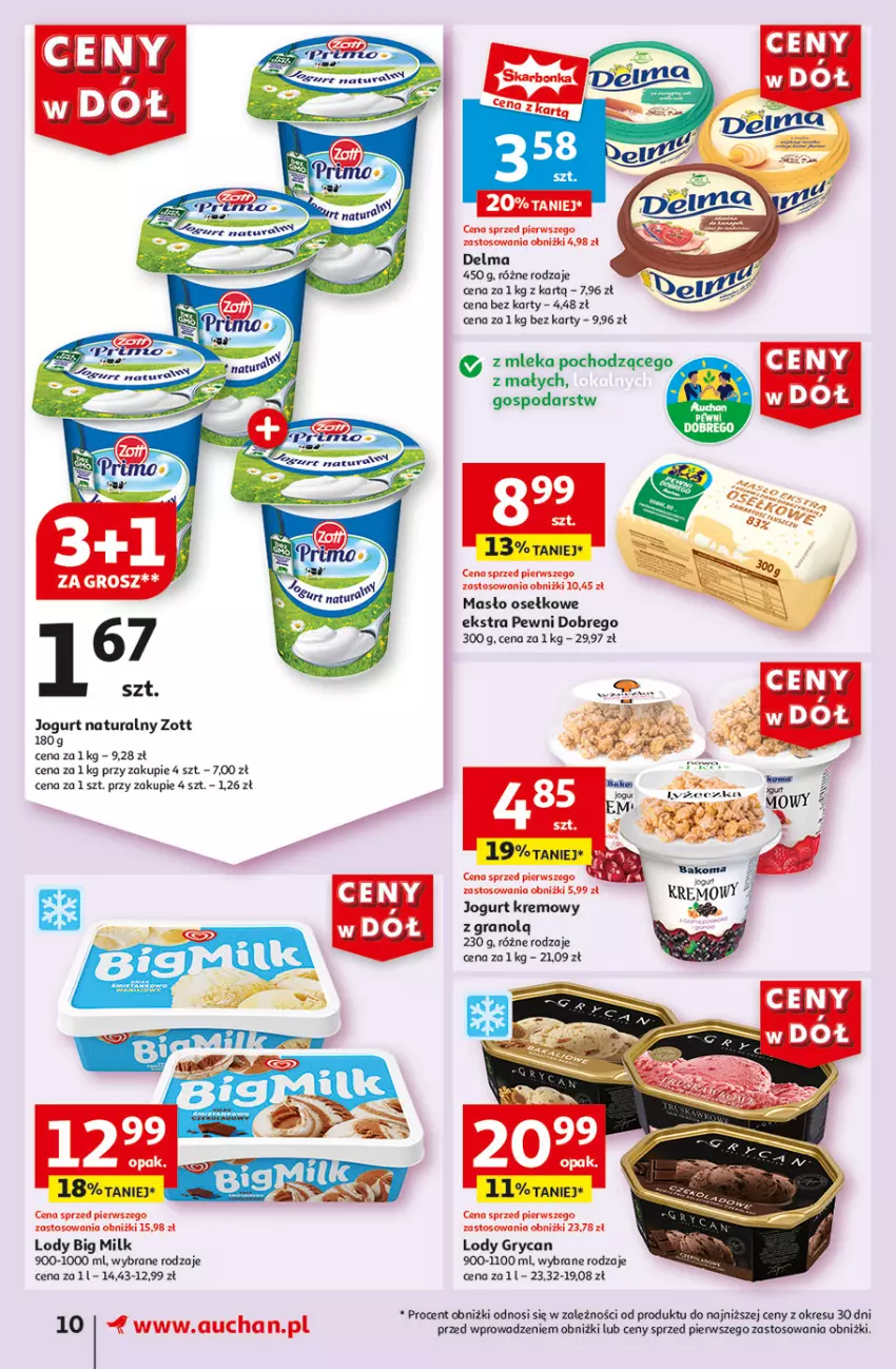 Gazetka promocyjna Auchan - Gazetka CENY W DÓŁ Supermarket Auchan - ważna 13.06 do 19.06.2024 - strona 10 - produkty: Big Milk, Delma, Gra, Gry, Jogurt, Jogurt naturalny, Lody, Masło, Zott