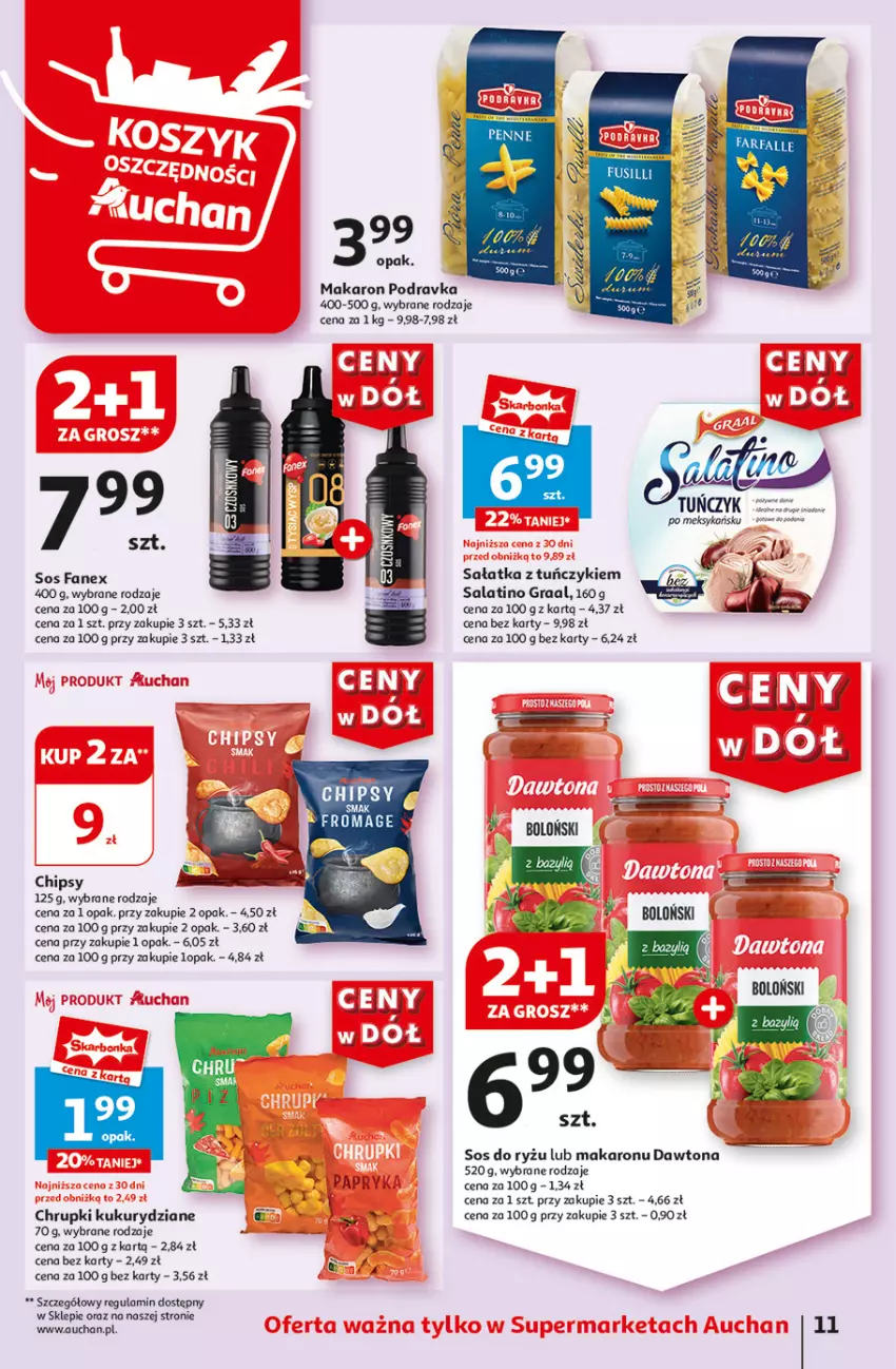 Gazetka promocyjna Auchan - Gazetka CENY W DÓŁ Supermarket Auchan - ważna 13.06 do 19.06.2024 - strona 11 - produkty: Chipsy, Chrupki, Dawtona, Fa, Gra, Graal, Makaron, Por, Ryż, Sałat, Sałatka, Sos, Tuńczyk