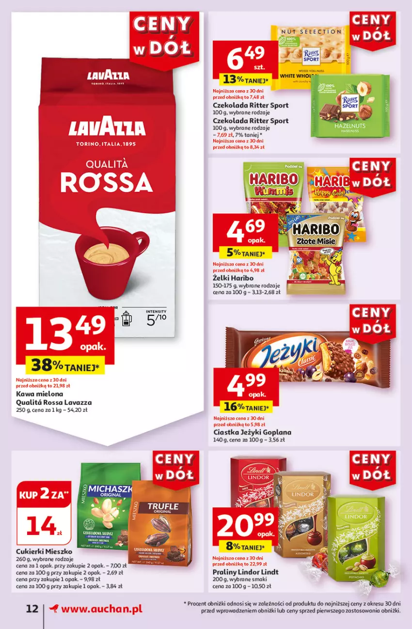 Gazetka promocyjna Auchan - Gazetka CENY W DÓŁ Supermarket Auchan - ważna 13.06 do 19.06.2024 - strona 12 - produkty: Ciastka, Czekolada, Goplana, Haribo, Jeżyki, Kawa, Kawa mielona, LANA, Lavazza, Lindor, Lindt, Por, Praliny, Ritter Sport, Sport