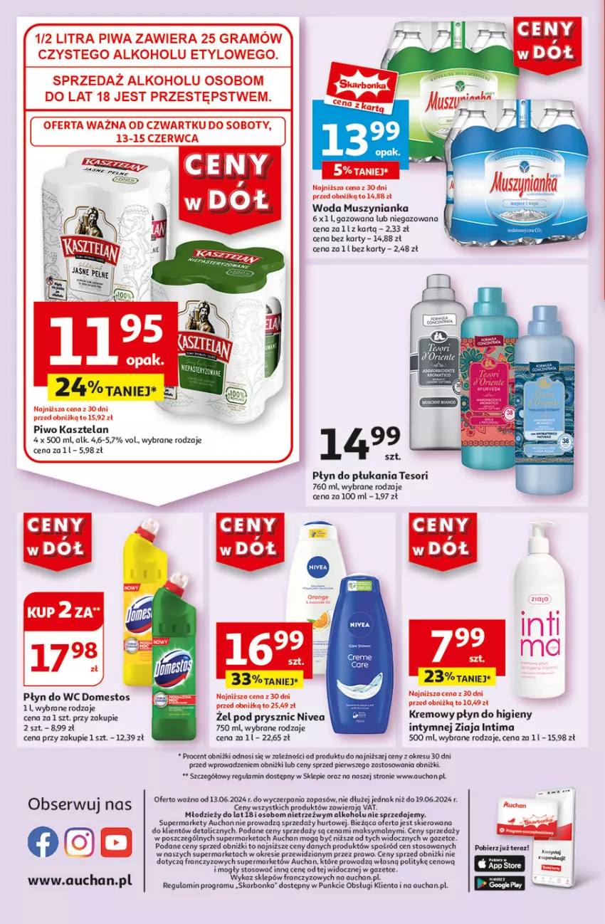 Gazetka promocyjna Auchan - Gazetka CENY W DÓŁ Supermarket Auchan - ważna 13.06 do 19.06.2024 - strona 14 - produkty: Domestos, Gra, Kasztelan, Mus, Muszynianka, Nivea, Piwa, Piwo, Płyn do płukania, Płyn do wc, Ser, Tera, Woda, Ziaja