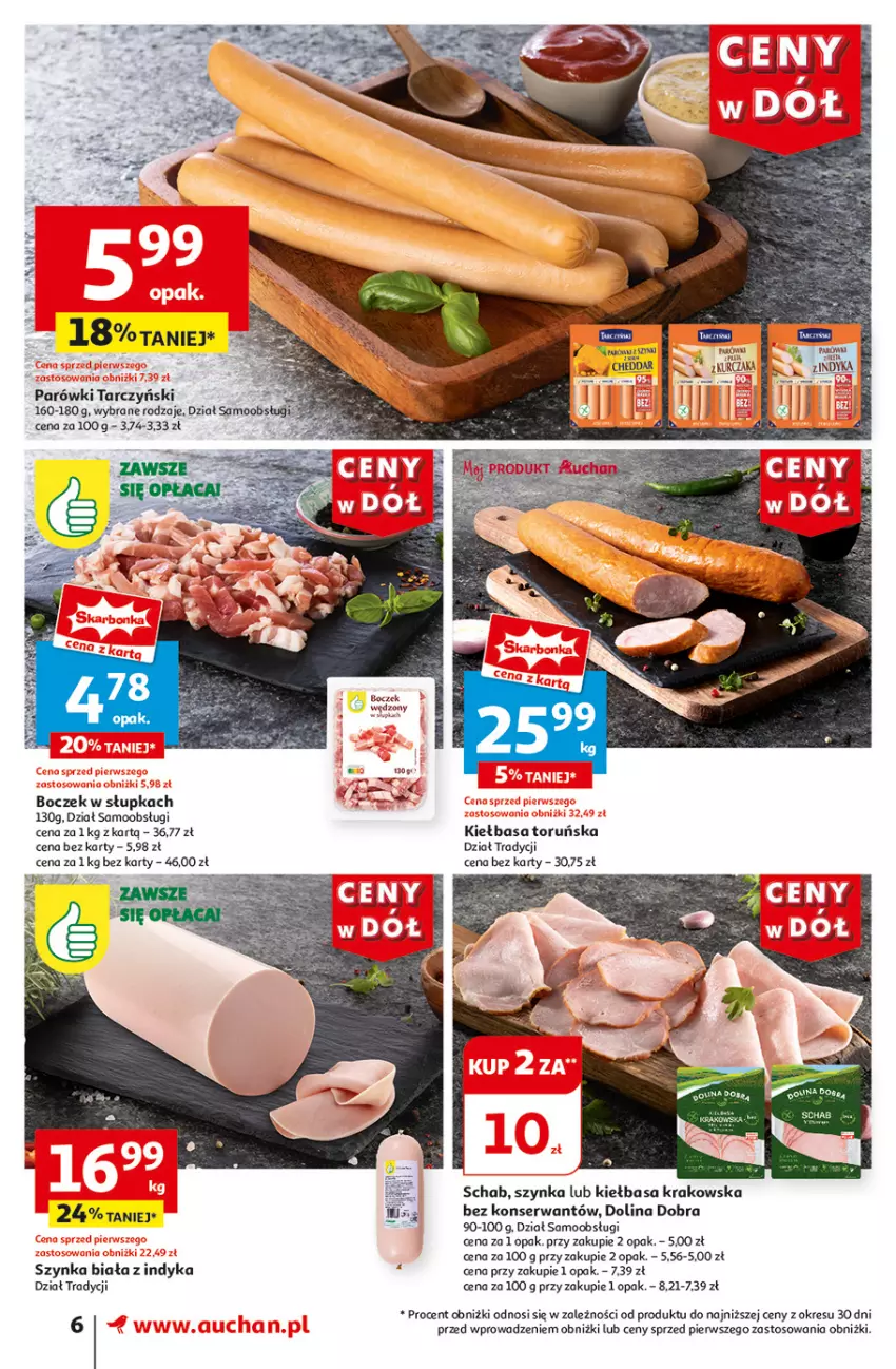 Gazetka promocyjna Auchan - Gazetka CENY W DÓŁ Supermarket Auchan - ważna 13.06 do 19.06.2024 - strona 6 - produkty: Boczek, Kiełbasa, Kiełbasa krakowska, Ser, Szynka, Szynka biała, Tarczyński