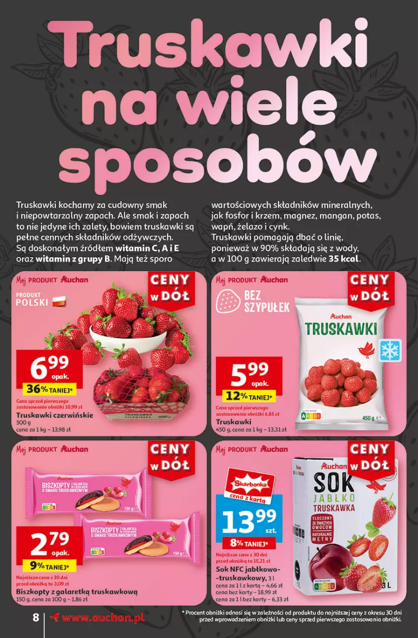 Gazetka promocyjna Auchan - Gazetka CENY W DÓŁ Supermarket Auchan - ważna 13.06 do 19.06.2024 - strona 8 - produkty: Biszkopty, Cynk, Gala, Koc, Magnez, Por, Sok, Truskawki