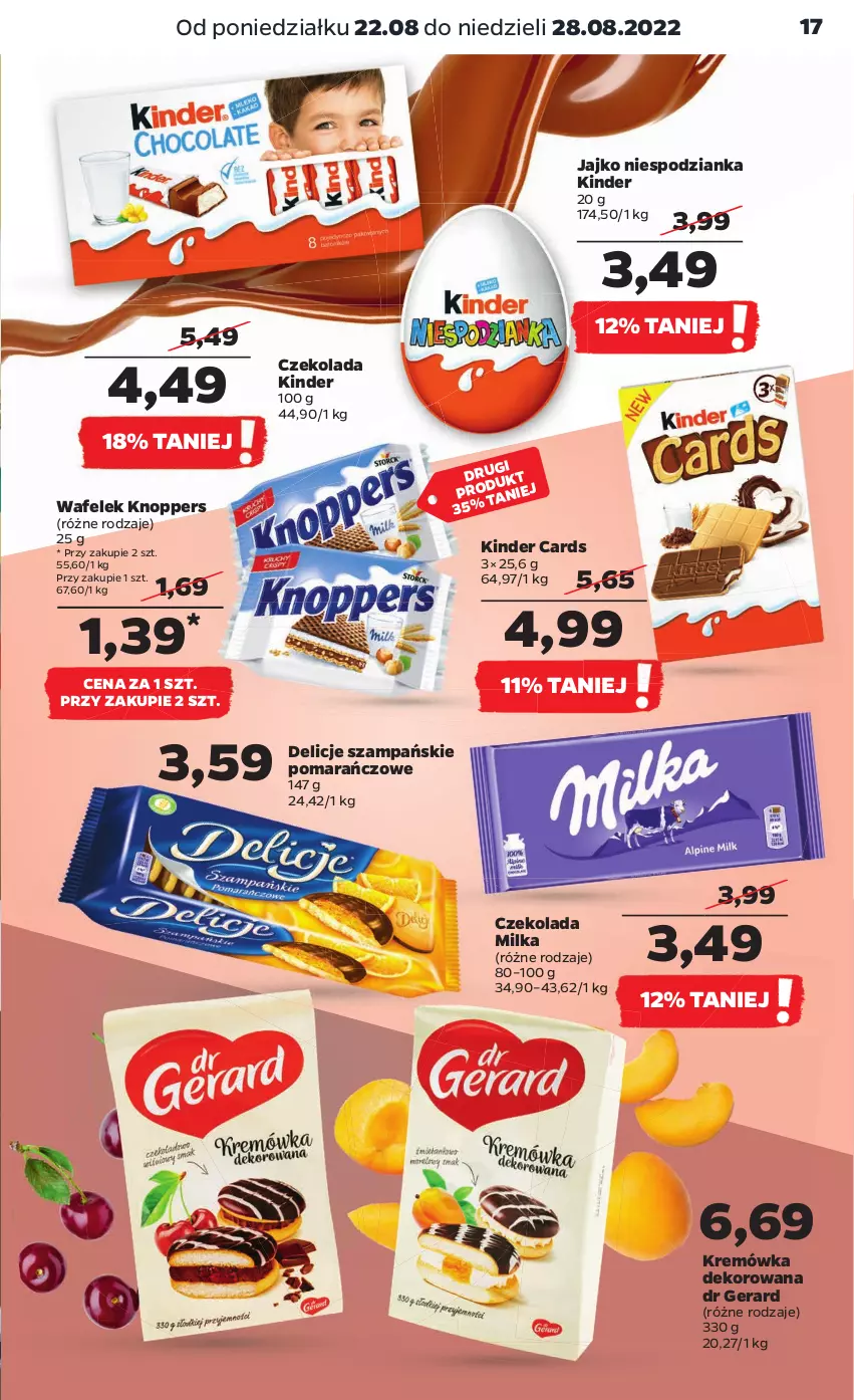 Gazetka promocyjna Netto - Artykuły spożywcze - ważna 22.08 do 28.08.2022 - strona 17 - produkty: Czekolada, Delicje, Dr Gerard, Kinder, Knoppers, Kremówka, Milka, Wafelek