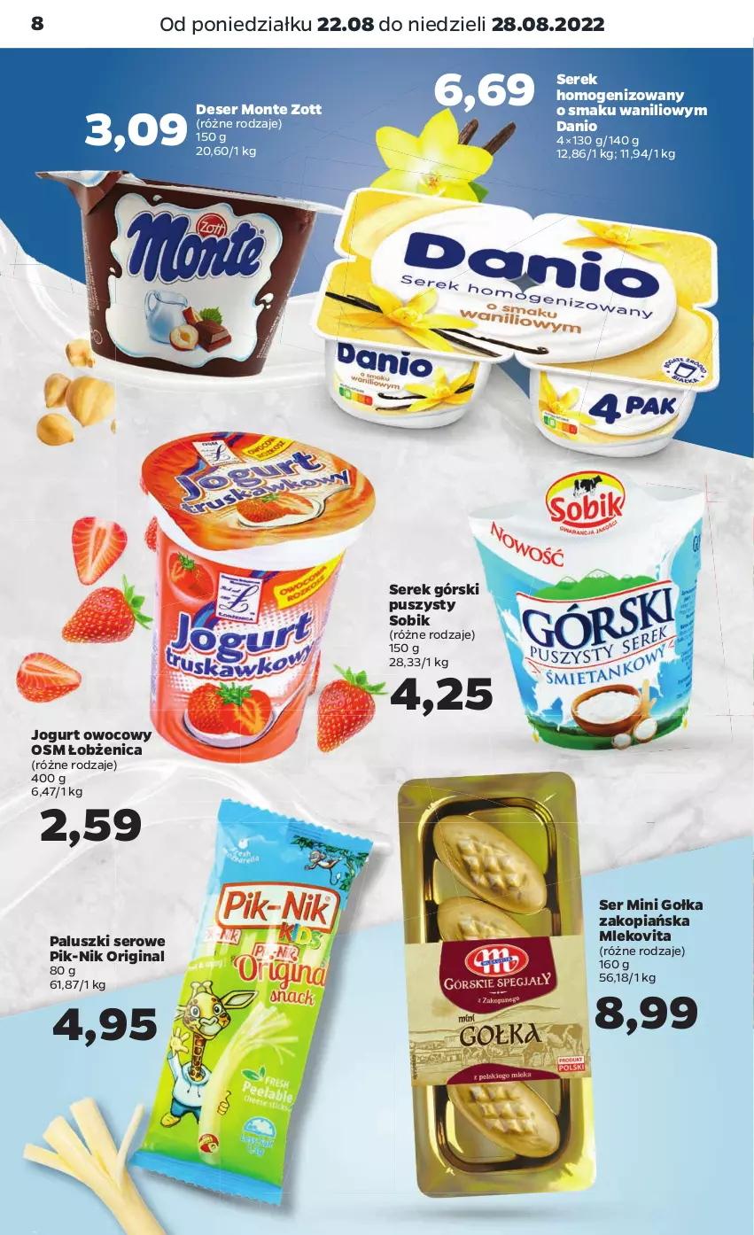 Gazetka promocyjna Netto - Artykuły spożywcze - ważna 22.08 do 28.08.2022 - strona 8 - produkty: Danio, Deser, Gin, Gołka Zakopiańska, Jogurt, Jogurt owocowy, Mleko, Mlekovita, Monte, Ser, Serek, Serek homogenizowany, Zott