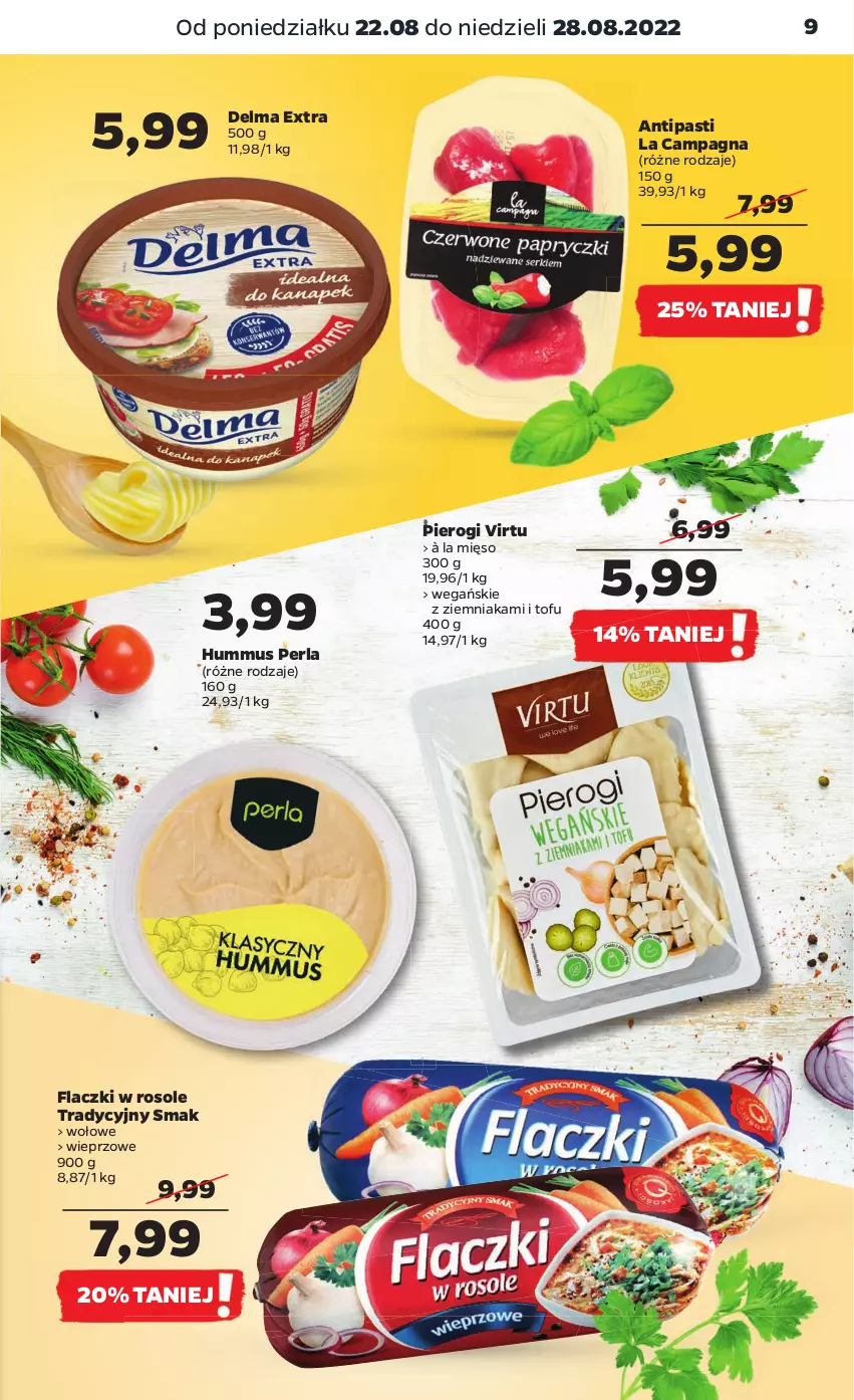 Gazetka promocyjna Netto - Artykuły spożywcze - ważna 22.08 do 28.08.2022 - strona 9 - produkty: Delma, Hummus, Mięso, Mus, Pierogi, Tofu, Virtu