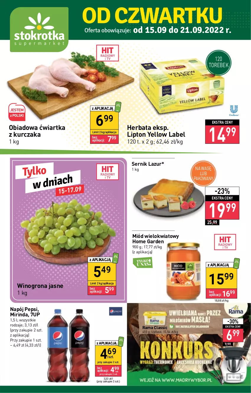 Gazetka promocyjna Stokrotka - Katalog Urodzinowy - ważna 15.09 do 28.09.2022 - strona 1 - produkty: 7up, Herbata, Kurczak, Lazur, Lipton, Miód, Mirinda, Napój, Pepsi, Rama, Ser, Wino, Winogrona