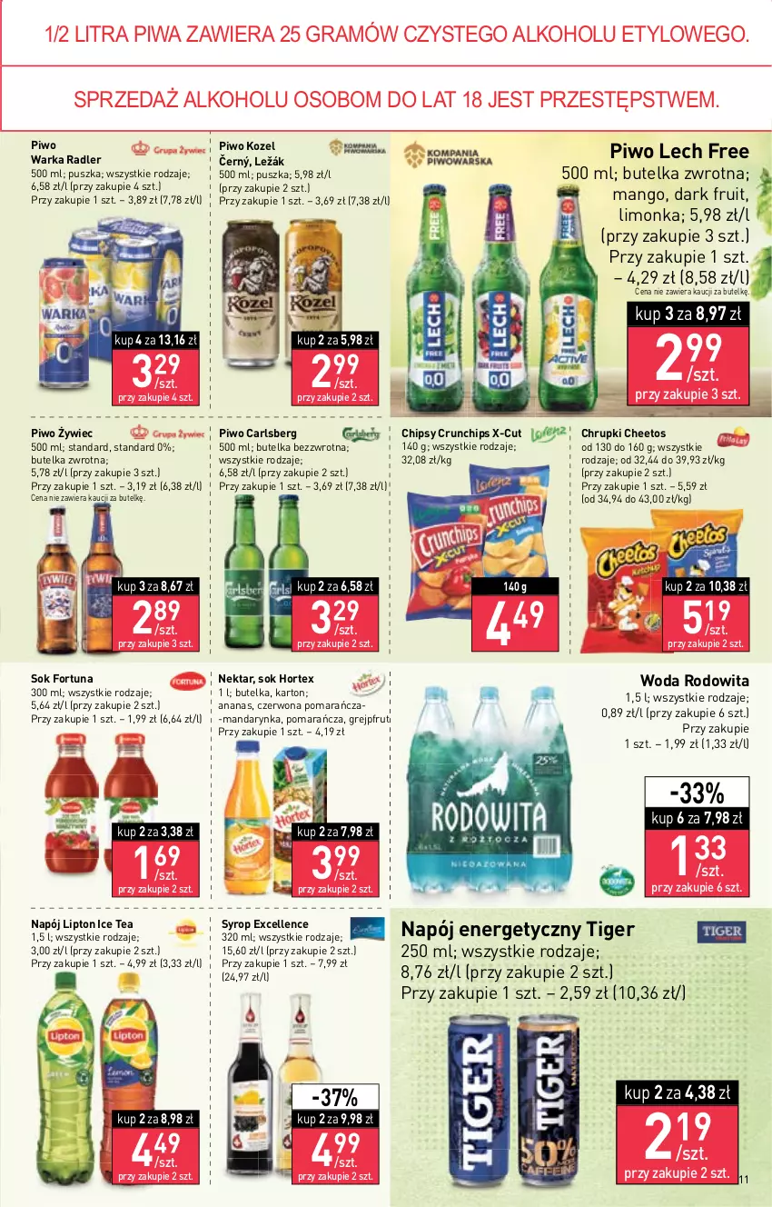 Gazetka promocyjna Stokrotka - Katalog Urodzinowy - ważna 15.09 do 28.09.2022 - strona 11 - produkty: Ananas, Carlsberg, Cheetos, Chipsy, Chrupki, Crunchips, Fortuna, Gra, Grejpfrut, Hortex, Ice tea, Kozel, Limonka, Lipton, Mango, Napój, Napój energetyczny, Nektar, Piwa, Piwo, Radler, Sok, Syrop, Tiger, Warka, Woda