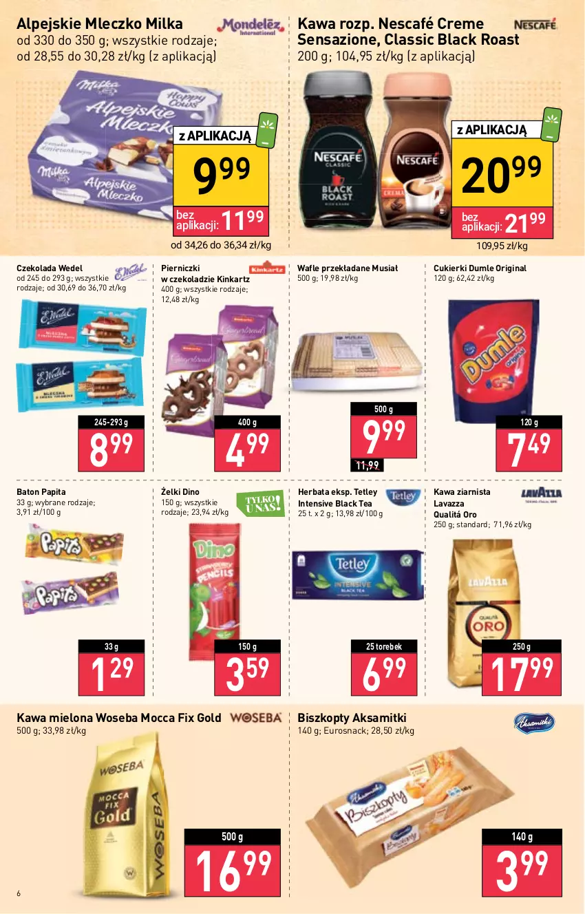 Gazetka promocyjna Stokrotka - Katalog Urodzinowy - ważna 15.09 do 28.09.2022 - strona 6 - produkty: Aksam, Baton, Biszkopty, Cukier, Cukierki, Czekolada, Gin, Herbata, Inka, Kawa, Kawa mielona, Kawa ziarnista, Lack, Lavazza, Milka, Mleczko, Mocca Fix Gold, Mus, Nescafé, Tetley, Wafle, Woseba