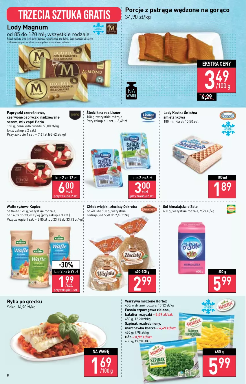 Gazetka promocyjna Stokrotka - Katalog Urodzinowy - ważna 15.09 do 28.09.2022 - strona 8 - produkty: Chleb, Fa, Fasola, Fasola szparagowa, Gra, Hortex, Kalafior, Kupiec, Lisner, Lody, Marchewka, Papryczki nadziewane, Piec, Por, Pstrąg, Ryba, Ryba po grecku, Ryż, SEKO, Ser, Sól, Sól himalajska, Szpinak, Wafle, Warzywa