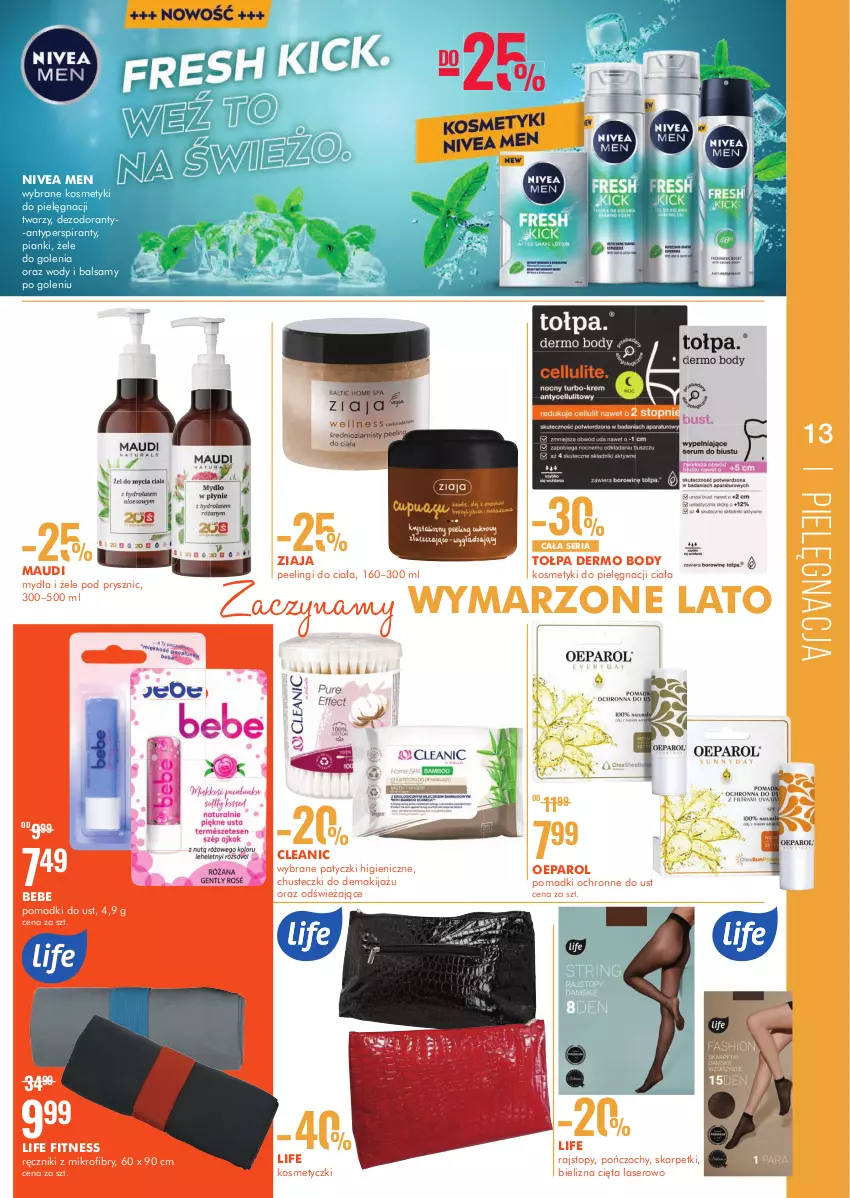 Gazetka promocyjna Super Pharm - Gazetka - ważna 09.06 do 22.06.2022 - strona 13 - produkty: Antyperspirant, Bielizna, Body, Chusteczki, Cleanic, Dezodorant, Karp, Kosmetyki do pielęgnacji, Makijaż, Nivea, Nivea Men, Peeling, Pończochy, Rajstopy, Ręcznik, Ser, Skarpetki, Tołpa, Top, Ziaja