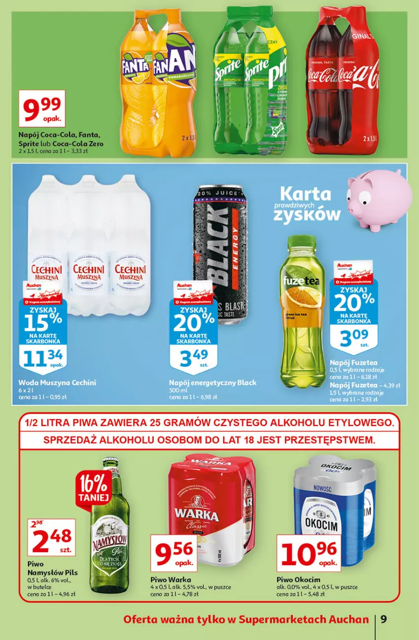 Gazetka promocyjna Auchan - Superoszczędzanie z kartą Skarbonka Supermarkety - ważna 07.10 do 13.10.2021 - strona 9 - produkty: Coca-Cola, Fa, Fanta, Gra, Koc, Mus, Namysłów, Napój, Okocim, Piwa, Piwo, Sprite, Szyna, Warka