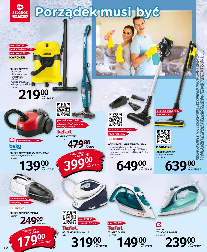 Gazetka promocyjna Selgros - Katalog Sprzątanie - ważna 10.11 do 24.11.2021 - strona 12 - produkty: Akumulator, Bateria, Bosch, Braun, Fa, Generator pary, LG, Odkurzacz, Top, Tran