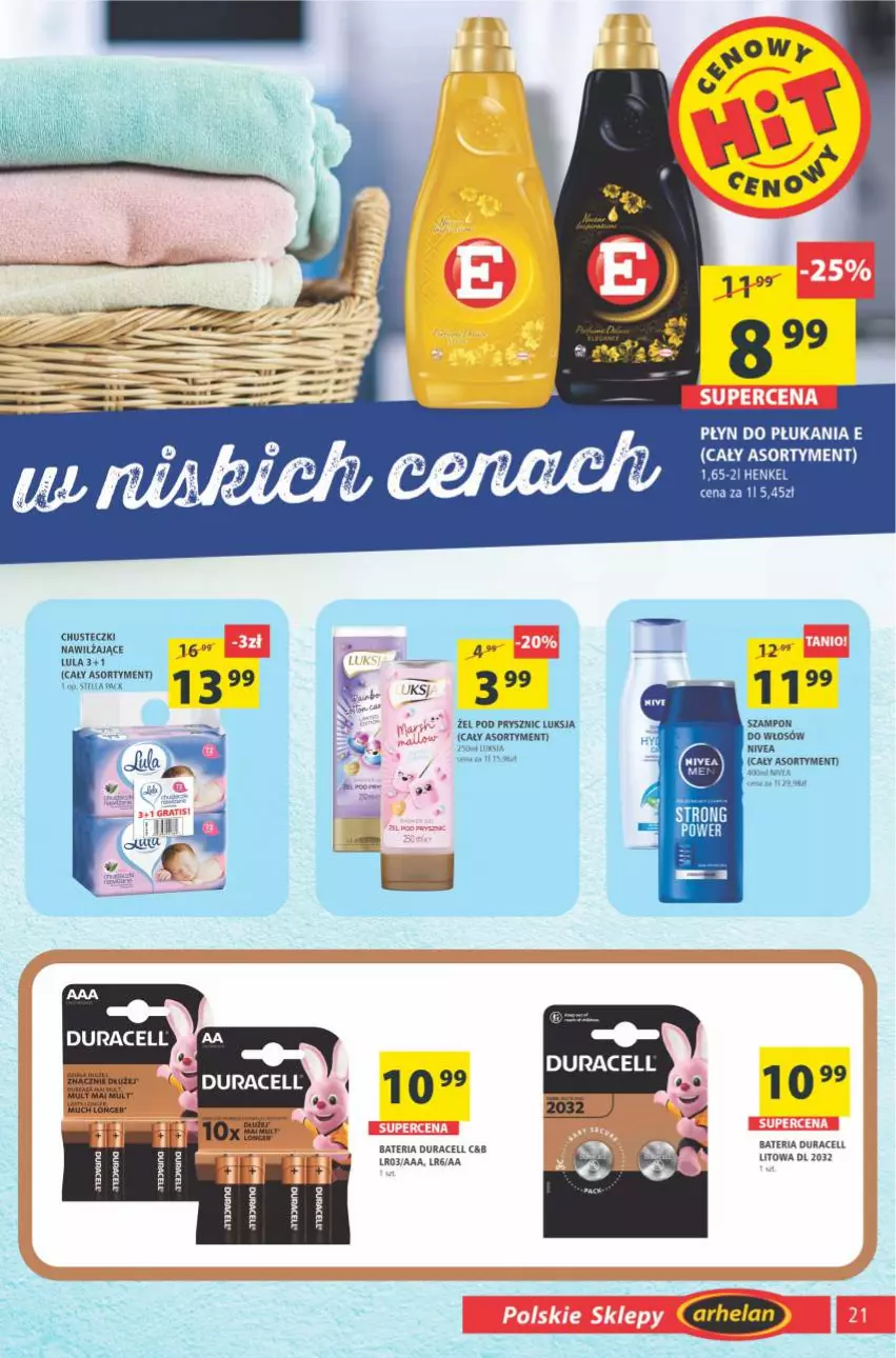 Gazetka promocyjna Arhelan - Gazetka - ważna 16.07 do 25.07.2021 - strona 21 - produkty: Bateria, Chusteczki, Duracell, Luksja, Nivea, Płyn do płukania, Szampon