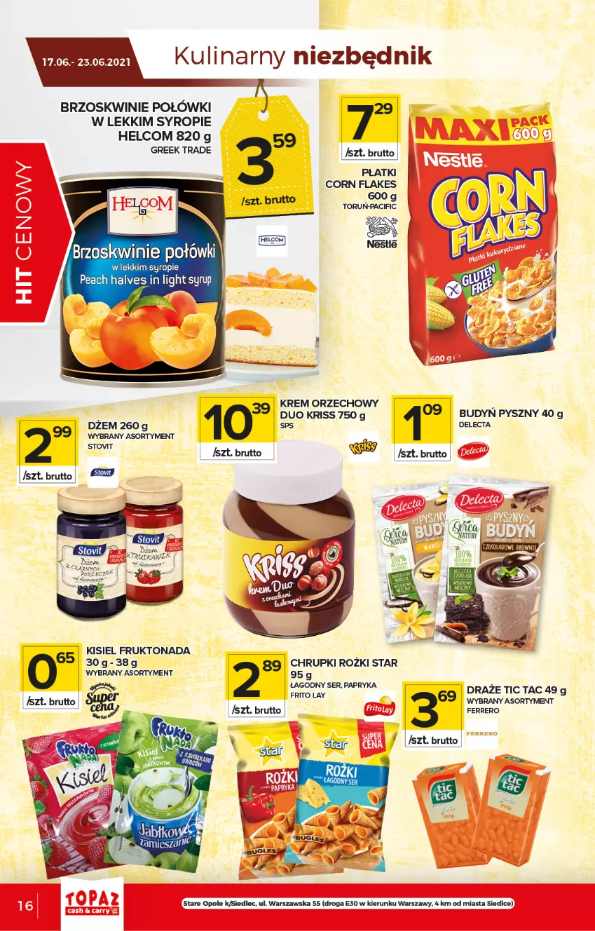 Gazetka promocyjna Topaz - Gazetka - ważna 17.06 do 23.06.2021 - strona 16 - produkty: Brzoskwinie, Chrupki, Cif, Corn flakes, Delecta, Dżem, Ferrero, HELCOM, Kisiel, Krem orzechowy, Papryka, Ser, Syrop